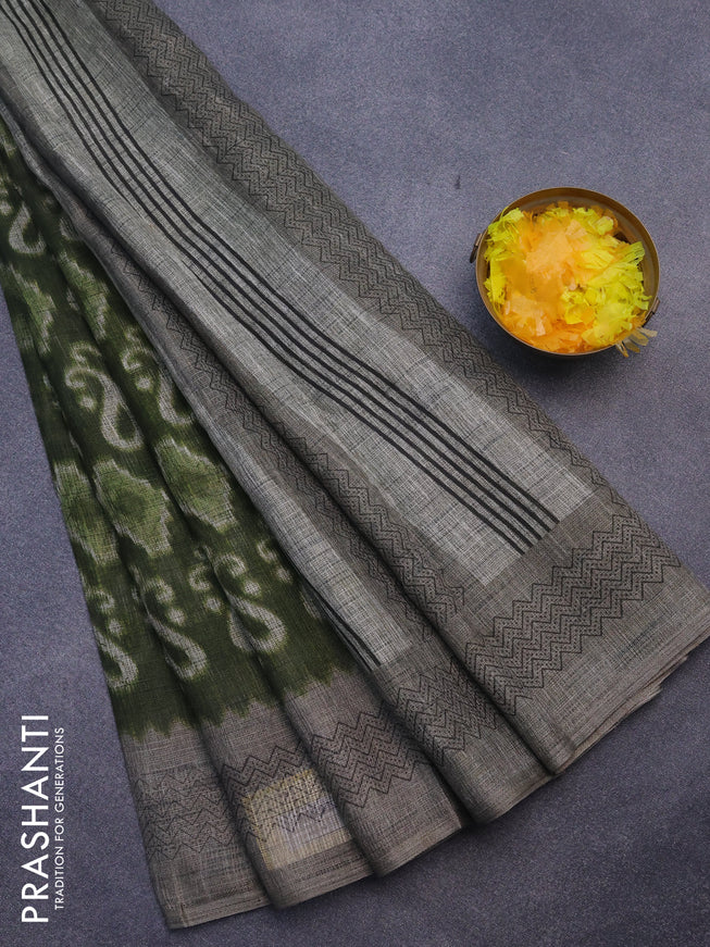 Jute cotton saree sap green and grey with butta prints and printed border