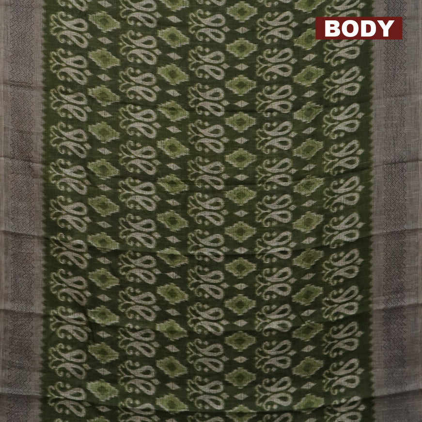 Jute cotton saree sap green and grey with butta prints and printed border