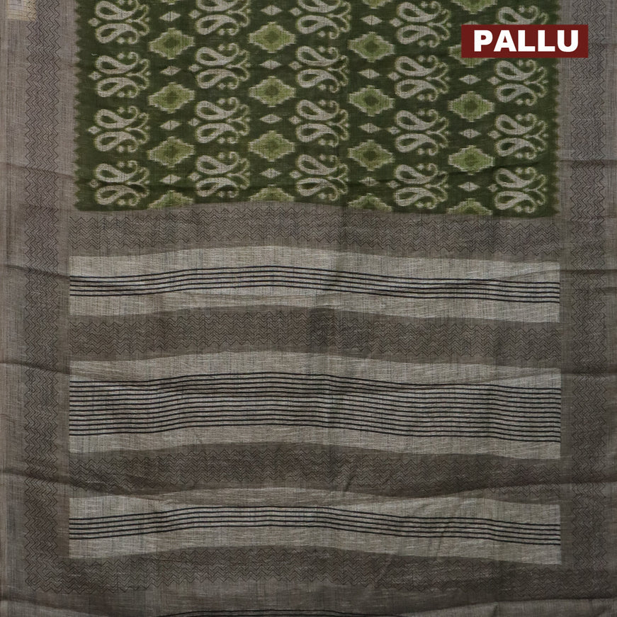 Jute cotton saree sap green and grey with butta prints and printed border