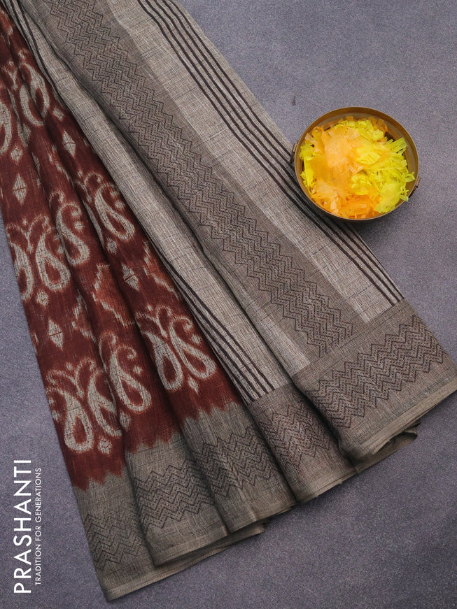 Jute cotton saree rust shade and grey with butta prints and printed border