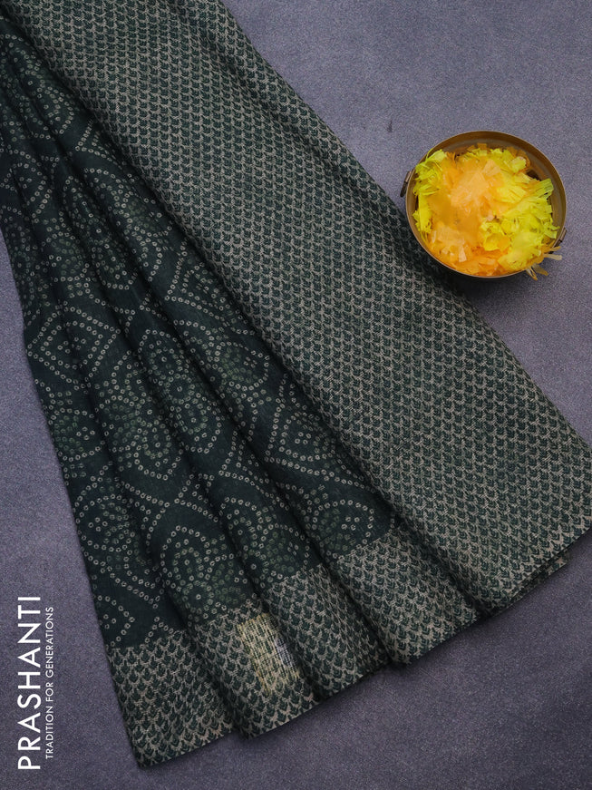 Jute cotton saree green with allover bandhani prints and printed border