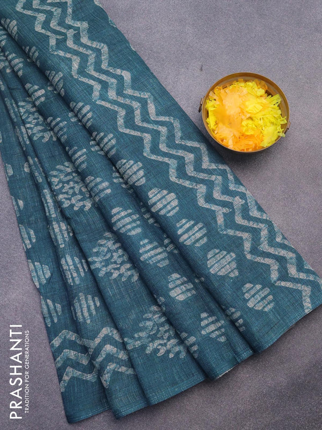 Jute cotton saree peacock blue with batik butta prints and simple border