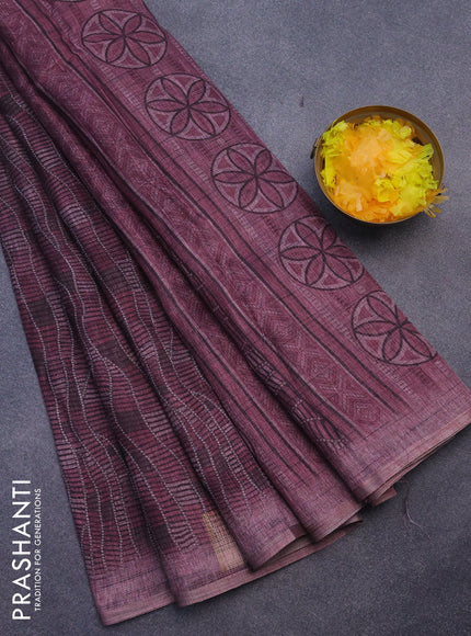 Jute cotton saree wine shade with allover prints and simple border