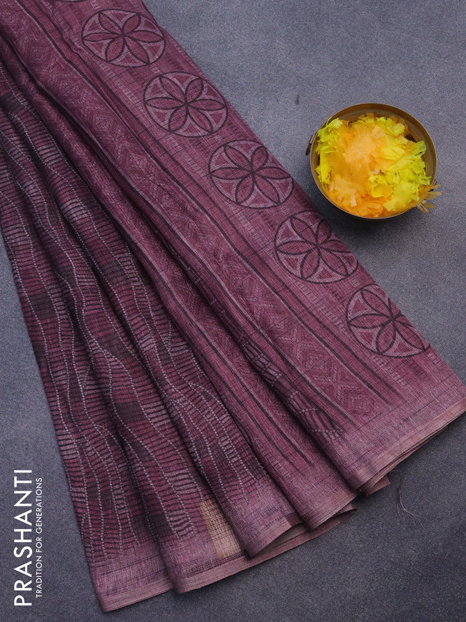 Jute cotton saree wine shade with allover prints and simple border