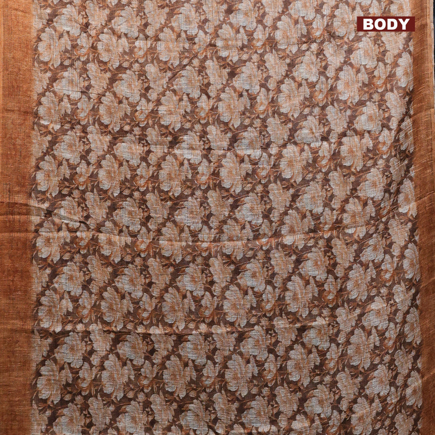 Jute cotton saree brown with floral prints and simple border