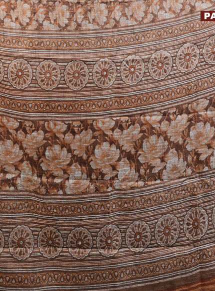 Jute cotton saree brown with floral prints and simple border