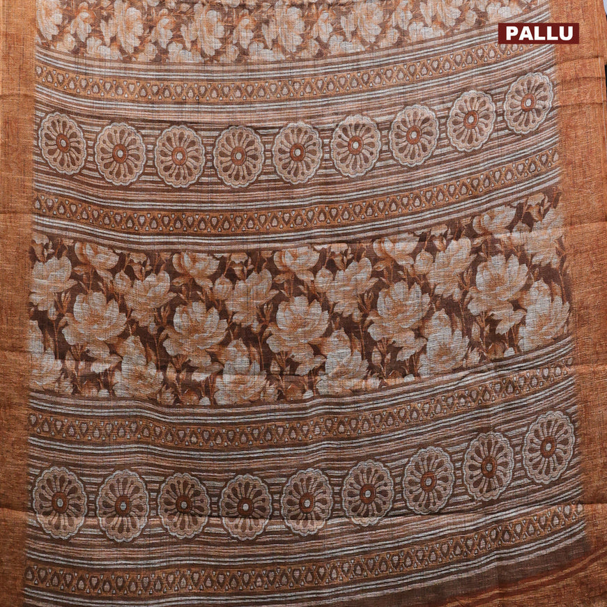 Jute cotton saree brown with floral prints and simple border