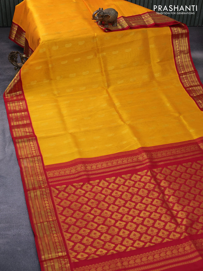 Kuppadam silk cotton saree mango yellow and red with paisley zari woven buttas and rich zari woven border