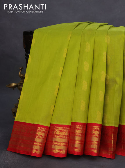 Kuppadam silk cotton saree light green and red with paisley zari woven buttas and rich zari woven border