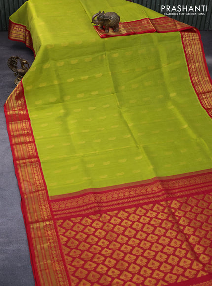 Kuppadam silk cotton saree light green and red with paisley zari woven buttas and rich zari woven border