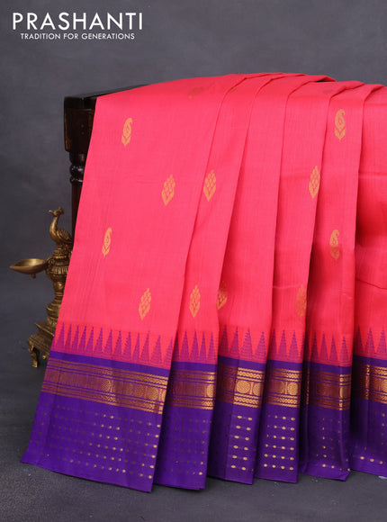 Kuppadam silk cotton saree candy pink and violet with zari woven buttas and temple design zari woven border