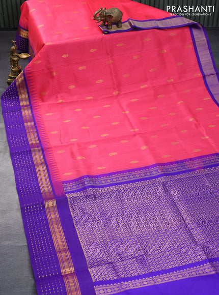 Kuppadam silk cotton saree candy pink and violet with zari woven buttas and temple design zari woven border