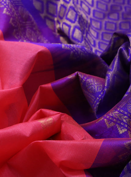 Kuppadam silk cotton saree candy pink and violet with zari woven buttas and temple design zari woven border