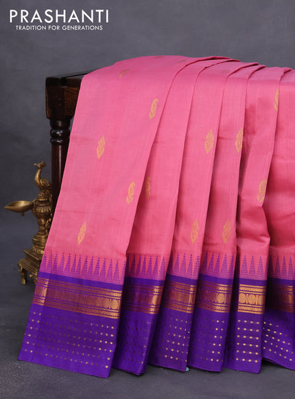 Kuppadam silk cotton saree mauve pink and violet with zari woven buttas and temple design zari woven border