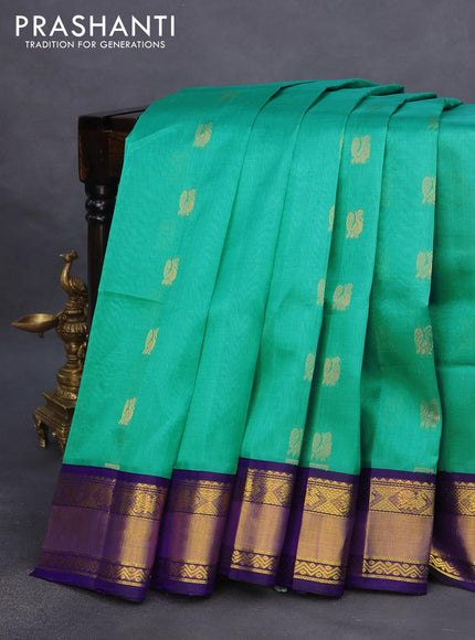 Kuppadam silk cotton saree teal green and blue with annam zari woven buttas and zari woven border