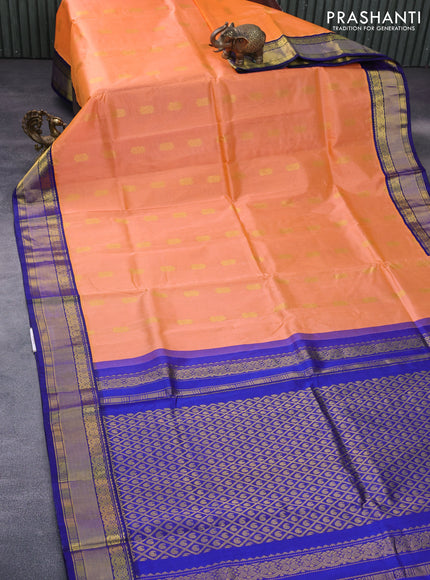 Kuppadam silk cotton saree peach orange and blue with zari woven buttas and zari woven border