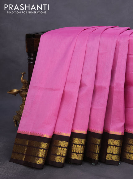 Kuppadam silk cotton saree light pink and deep coffee brown with plain body and zari woven border