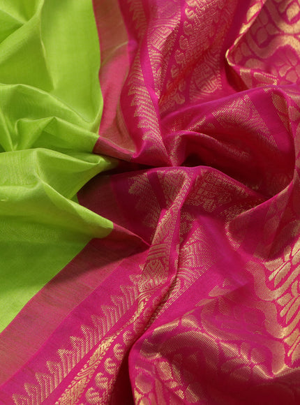 Kuppadam silk cotton saree light green and pink with plain body and zari woven border