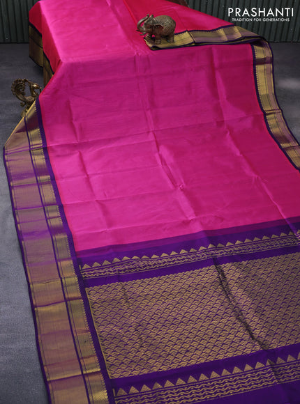 Kuppadam silk cotton saree pink and violet with plain body and zari woven korvai border