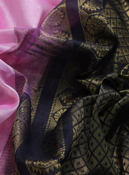 Kuppadam silk cotton saree light pink and black with plain body and zari woven korvai border