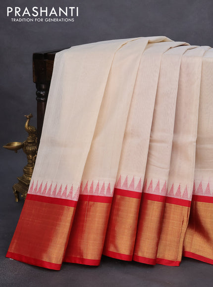 Kuppadam silk cotton saree off white and kumkum red with plain body and temple design zari woven border