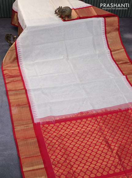 Kuppadam silk cotton saree off white and kumkum red with plain body and temple design zari woven border