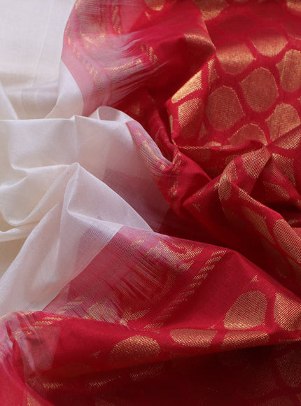 Kuppadam silk cotton saree off white and kumkum red with plain body and temple design zari woven border