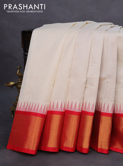 Kuppadam silk cotton saree off white and red with plain body and temple design zari woven border