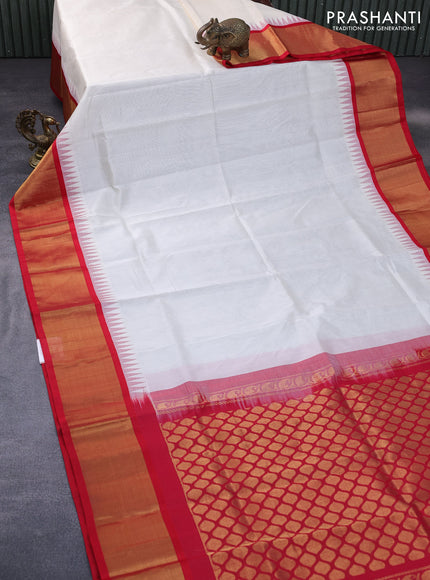 Kuppadam silk cotton saree off white and red with plain body and temple design zari woven border