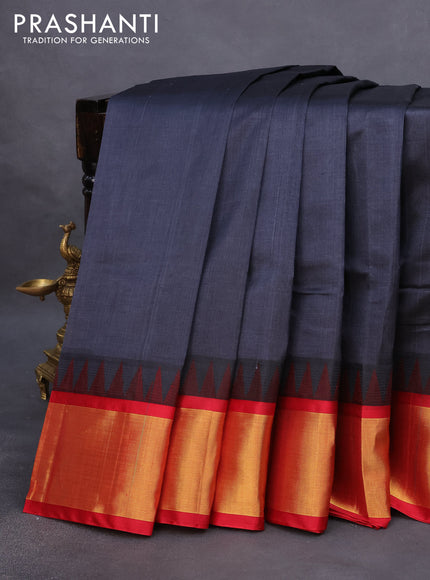 Kuppadam silk cotton saree dark grey and tomato red with plain body and temple design zari woven border