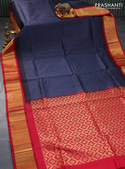 Kuppadam silk cotton saree dark grey and tomato red with plain body and temple design zari woven border