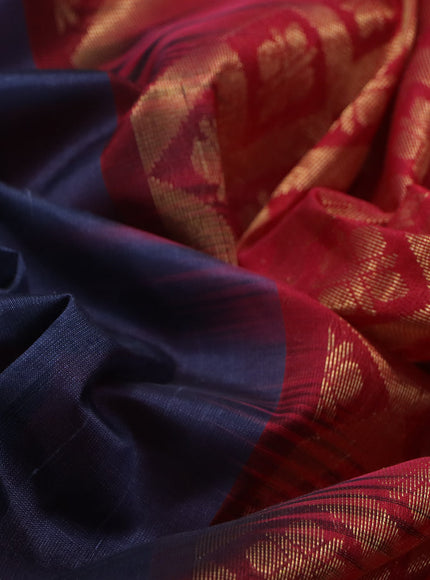 Kuppadam silk cotton saree dark grey and tomato red with plain body and temple design zari woven border