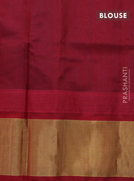 Kuppadam silk cotton saree dark grey and tomato red with plain body and temple design zari woven border