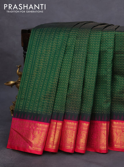 Kuppadam silk cotton saree dark green and pink with allover zari checks & buttas and temple design zari woven border