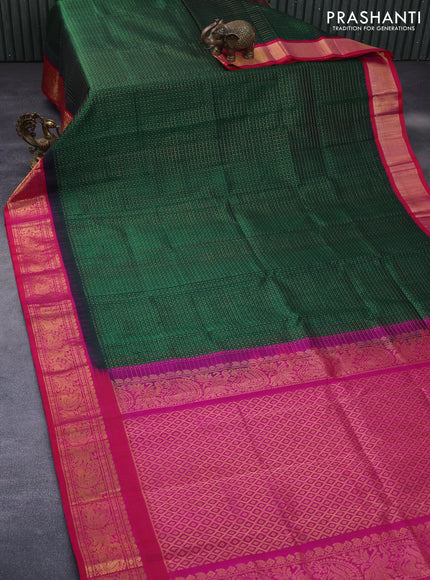 Kuppadam silk cotton saree dark green and pink with allover zari checks & buttas and temple design zari woven border