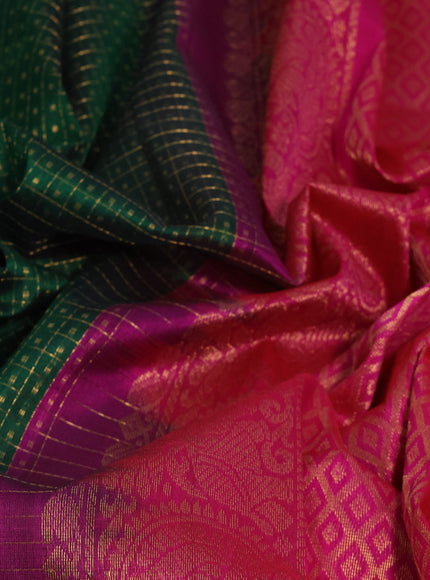 Kuppadam silk cotton saree dark green and pink with allover zari checks & buttas and temple design zari woven border