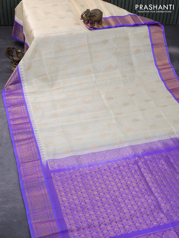 Kuppadam silk cotton saree cream and lavender with allover vairosi pattern & buttas and temple design zari woven border