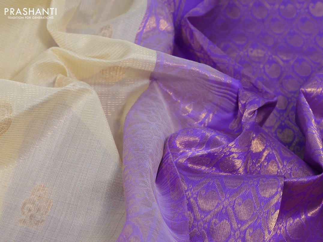 Kuppadam silk cotton saree cream and lavender with allover vairosi pattern & buttas and temple design zari woven border