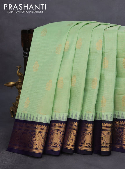 Kuppadam silk cotton saree pista green and deep violet with allover vairosi pattern & buttas and temple design zari woven border