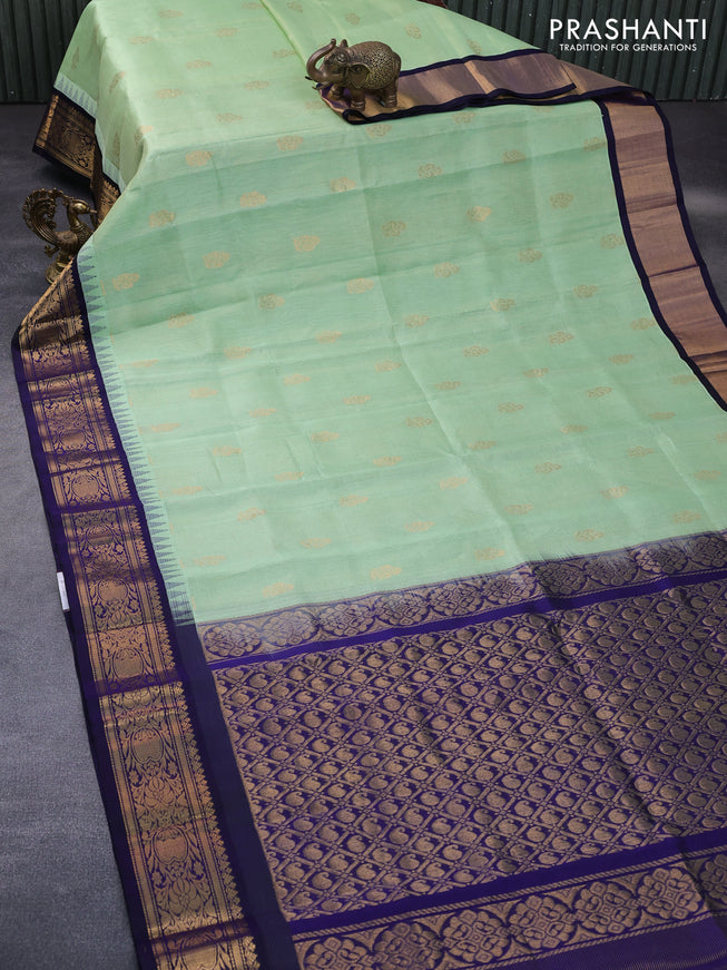 Kuppadam silk cotton saree pista green and deep violet with allover vairosi pattern & buttas and temple design zari woven border