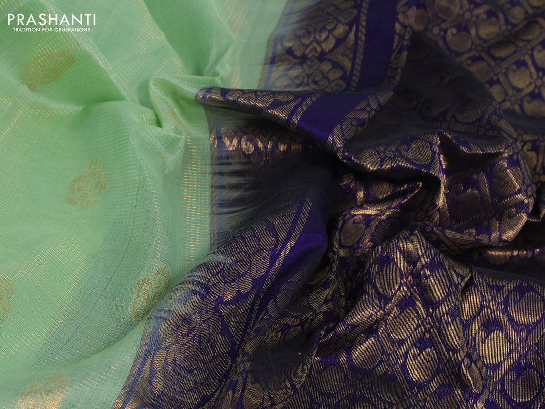 Kuppadam silk cotton saree pista green and deep violet with allover vairosi pattern & buttas and temple design zari woven border