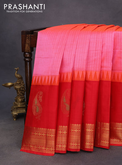 Kuppadam silk cotton saree light pink and red with allover checked pattern and temple design paisley zari woven butta border