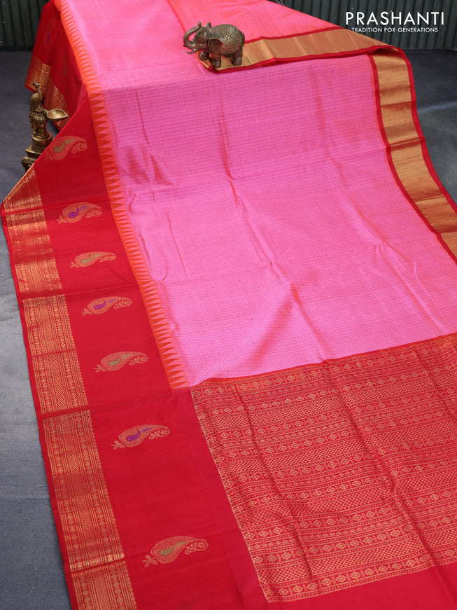 Kuppadam silk cotton saree light pink and red with allover checked pattern and temple design paisley zari woven butta border