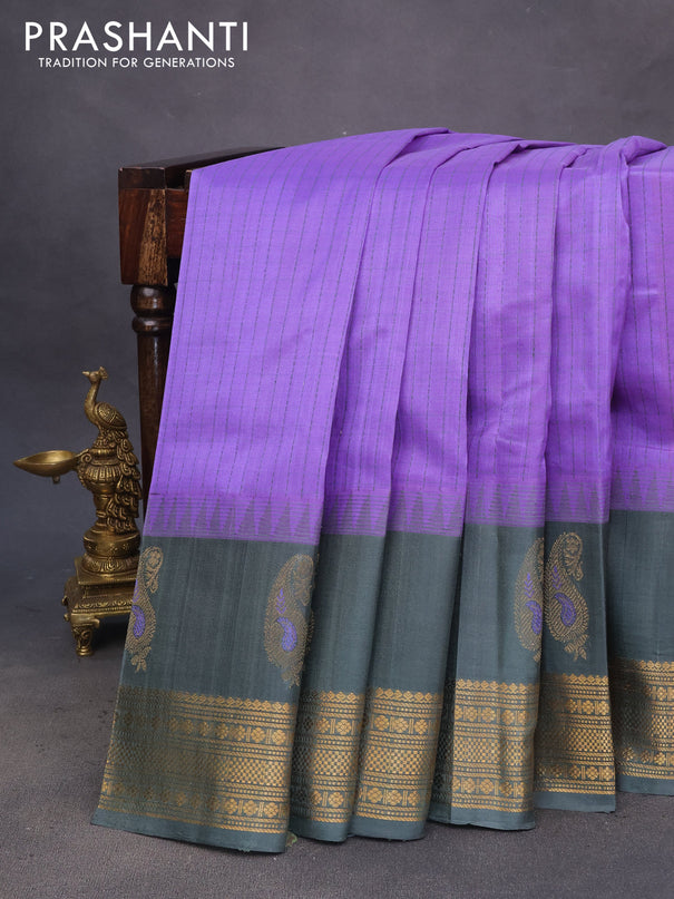 Kuppadam silk cotton saree lavender and greyish green with allover checked pattern and temple design paisley zari woven butta border