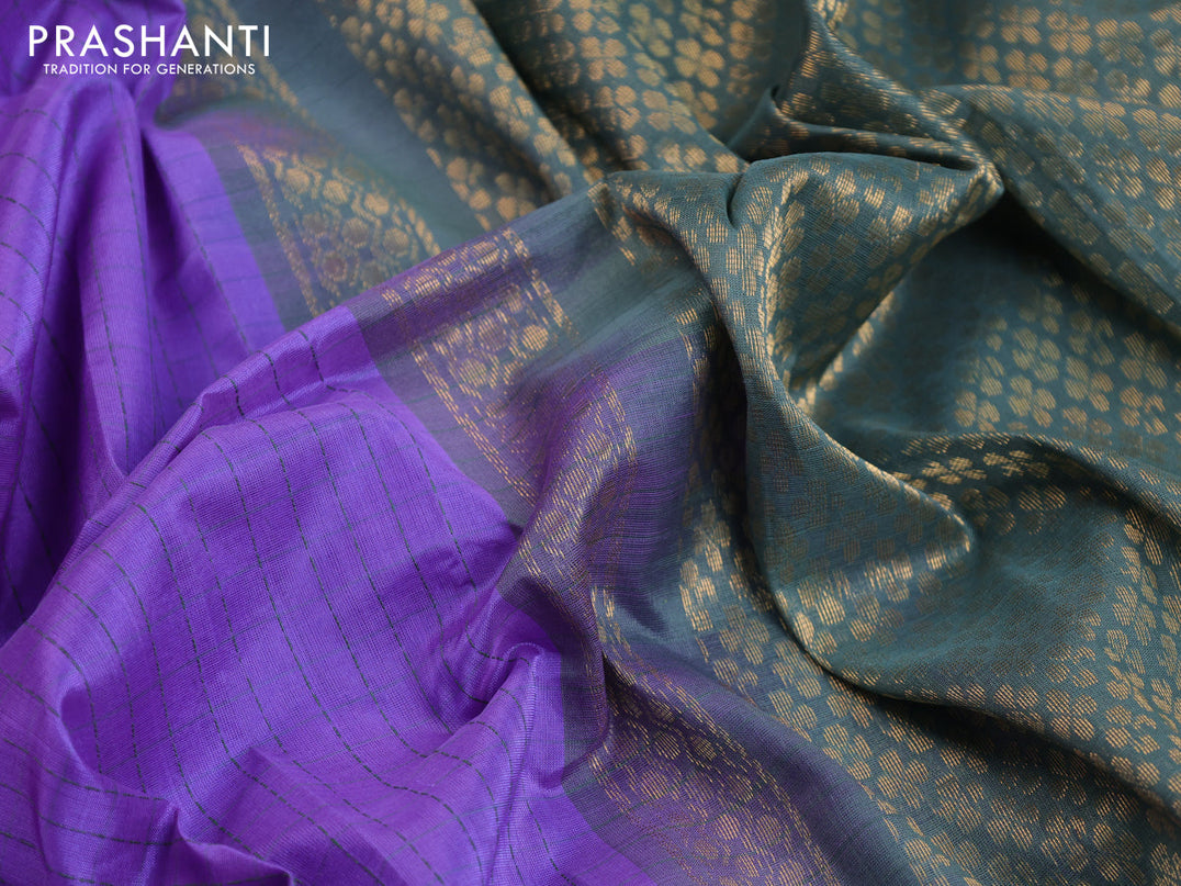 Kuppadam silk cotton saree lavender and greyish green with allover checked pattern and temple design paisley zari woven butta border