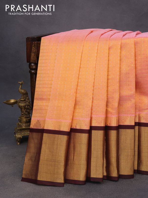 Kuppadam silk cotton saree dual shade of peach and coffee brown with allover zari checks & buttas and temple design zari woven border