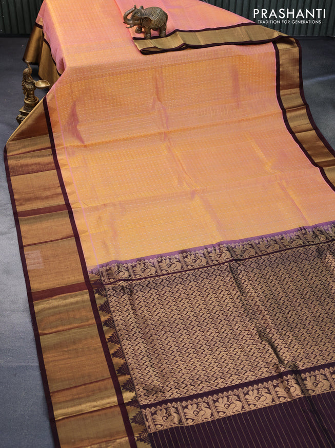 Kuppadam silk cotton saree dual shade of peach and coffee brown with allover zari checks & buttas and temple design zari woven border