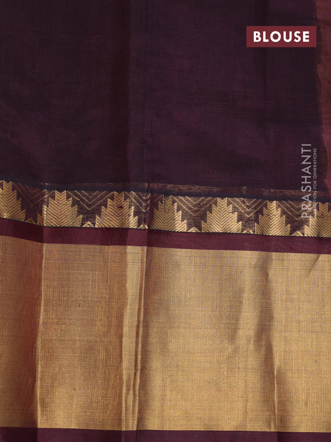 Kuppadam silk cotton saree dual shade of peach and coffee brown with allover zari checks & buttas and temple design zari woven border