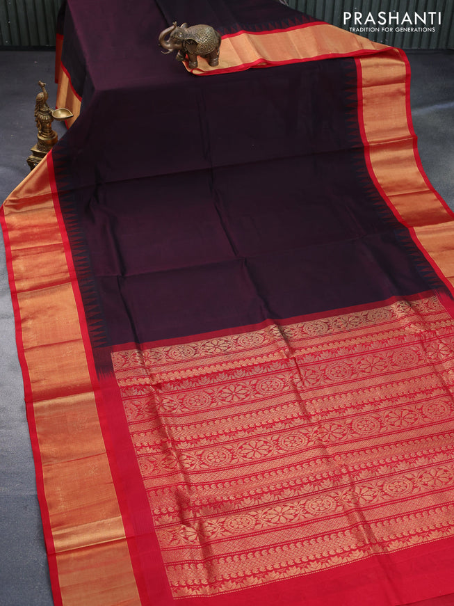 Kuppadam silk cotton saree coffee brown and red with plain body and temple design zari woven border