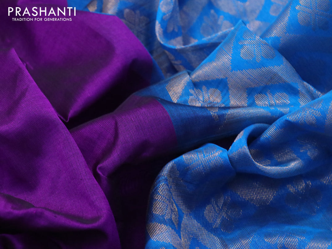 Kuppadam silk cotton saree purple and cs blue with plain body and temple design zari woven border